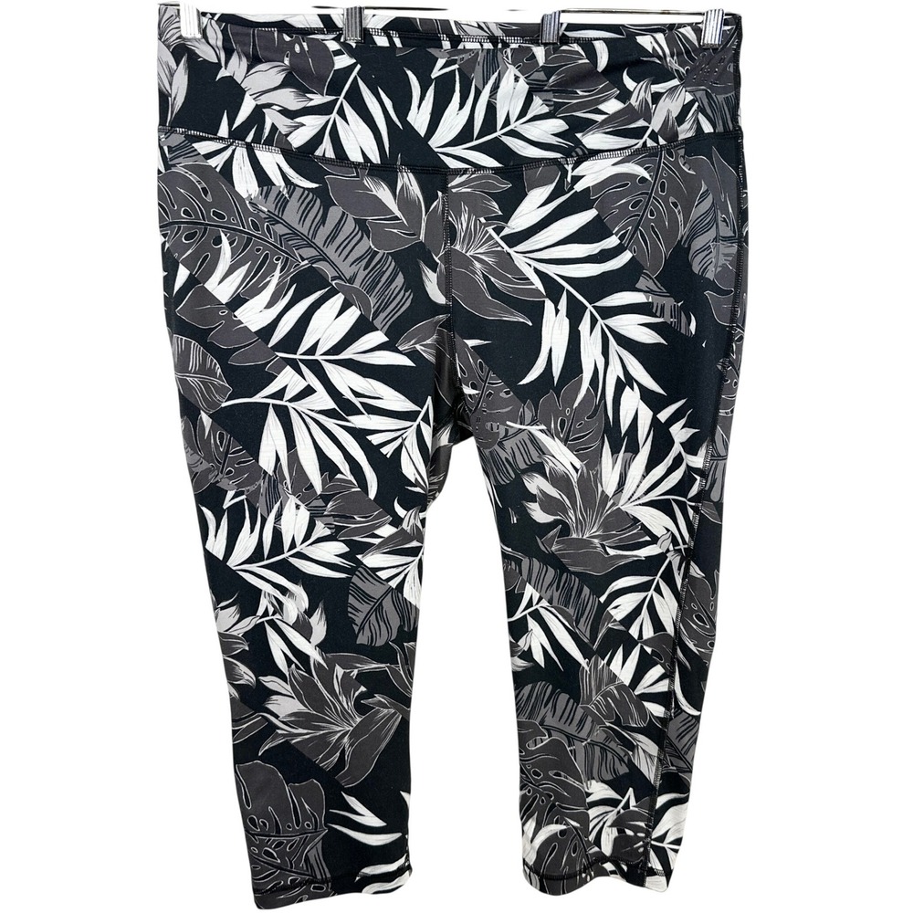 Zelos Plus Size 1X Leggings Black White Tropical Cropped Activewear Capri 1059